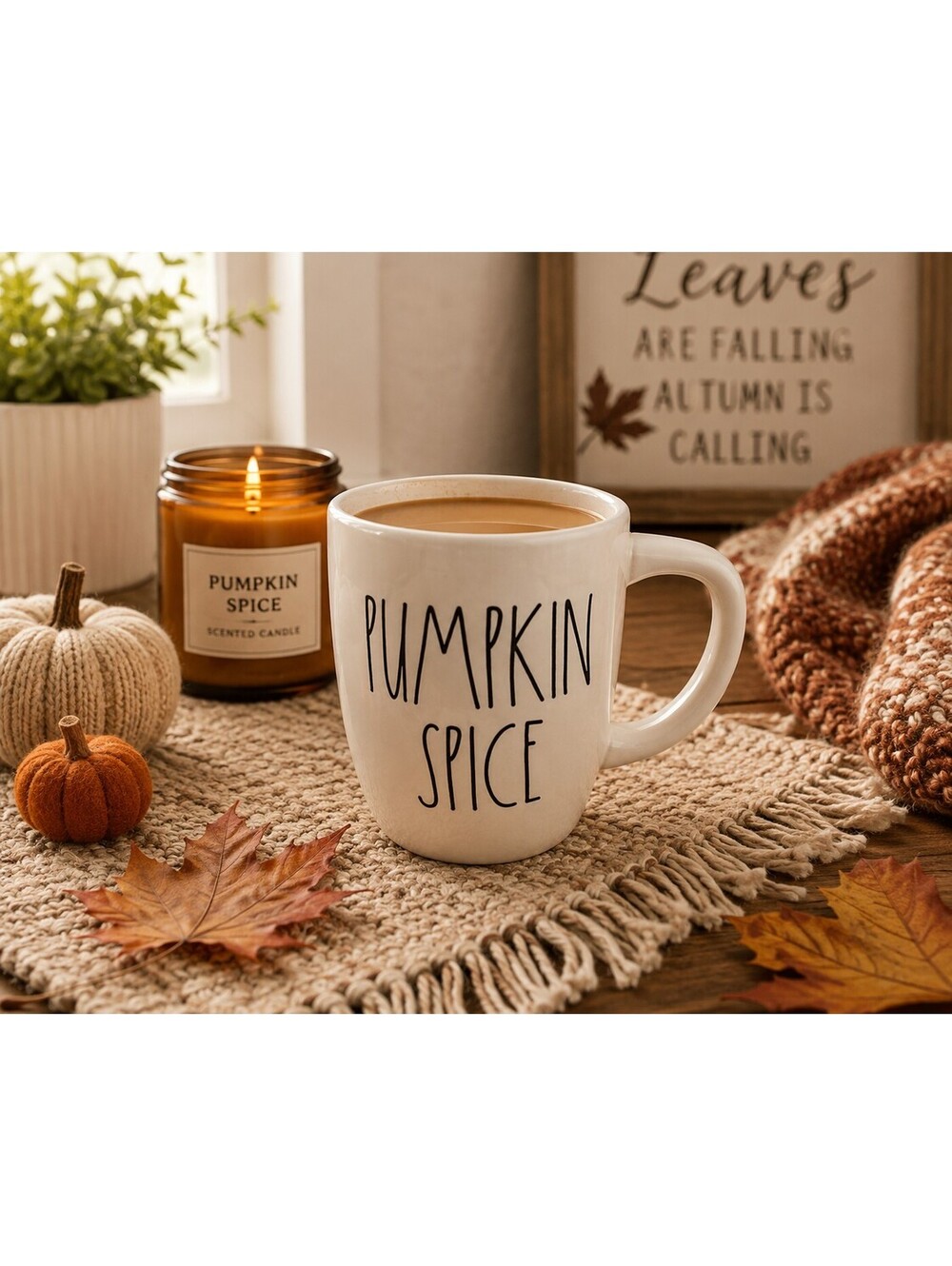 Rae Dunn Two-Sided Fall Mug Pumpkin Spice Fall Green Interior